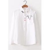 New Arrival Umbrella Embroidered Pocket Chest Long Sleeve Lapel Collar Button Front Shirt