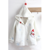 Cute Snowman Heart Printed Long Sleeve Pom Pom Embellished Hooded Coat