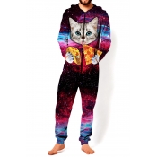 Lovely 3D Cartoon Pizza Cat Printed Long Sleeve Hooded Purple Galaxy Jumpsuits