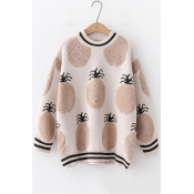 Striped Trim Long Sleeve Crewneck Pineapple Pattern Pullover Loose Fitted Sweater