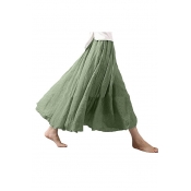 Summer's New Fashion Pea Green Basic Solid Linen Maxi A-Line Pleated Skirt