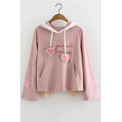 Cute Heart Ribbon Letter GIVE YOU ALL MY LOVE Printed Long Sleeve Pink Hoodie