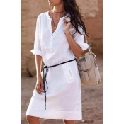 Hot Fashion Long Sleeve V-Neck Tied Waist Solid Basic Mini Shift Shirt Dress