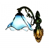 Aqua Petal Shape Wall Sconce Tiffany Style Stained Glass Wall Light for Bedroom Villa