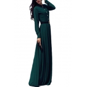 Vintage Green Stand Collar Long Sleeve Button Front Belted Waist Floor Length A-Line Dress