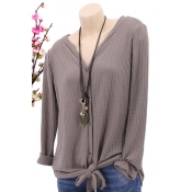 New Arrival V-Neck Button Front Long Sleeve Knotted Hem Solid Casual T-Shirt