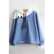 Lovely Colorblock Cute Cartoon Embroidered Long Sleeve Casual Hoodie