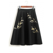 Elegant Elastic Waist Zip Side Floral Embroidered Midi A-Line Skirt