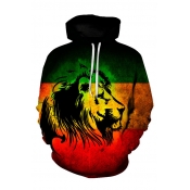 3D Abstract Lion Pattern Long Sleeve Colorblock Men's Green Hoodie