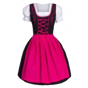 Stylish Housemaid Cosplay Square Neck Puff Short Sleeve Lace-Up Front Colorblocked Midi Fit-Flared Babydoll Dress
