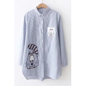 Lovely Cartoon Cat Embroidered Lapel Collar Long Sleeve Blue Striped Shirt