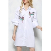 Fashion Striped Print Bird Embroidered Contrast Three-Quarter Sleeve Tunic Button Down Shirt