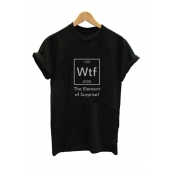Round Neck Short Sleeve Letter WTF THE ELEMENT OF SURPRISE Printed Black Loose Tee