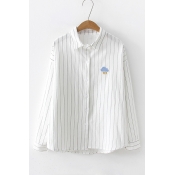 Weather Cloud Rain Moon Sun Embroidered Vertical Striped Relaxed Long Sleeve Button Shirt