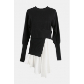 Designer's Unique Round Neck Long Sleeve Irregular Patchwork Mini Black Sweater Dress