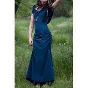 Women's New Fashion Hooded Short Sleeve Ruched Detail Side Hollow Out Back Solid Maxi Sheath Dress