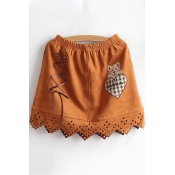 Cute Cartoon Bear Embroidered Lace Up Hollow Out Suede Elastic Waist Mini A-Line Brown Skirt