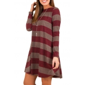 Trendy Long Sleeve Round Neck Striped Mini Swing Dress