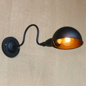 Black Finish Dome Wall Sconce Vintage Steel 1 Light Wall Mount Fixture with Curved Arm