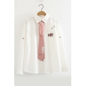 Letter CAT Embroidered Pink Tied Callar Long Sleeve White Button Down Shirt
