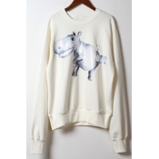 Cute Hippo Printed Long Sleeve Round Neck Relaxed Unisex Cotton Beige Sweatshirt