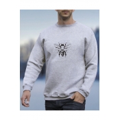 Cartoon Bee Printed Long Sleeve Round Neck Casual Gray Sweatshirt for Guys
