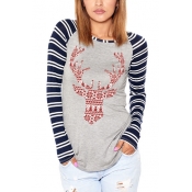 Christmas Deer Printed Striped Long Sleeve Round Neck Fitted T-Shirt