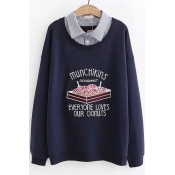 Fashion Letter Cake Printed Striped Patched Lapel Collar Long Sleeve Casual Loose Sweatshirt