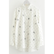Chic Embroidered Polka Dot Printed Lapel Collar Long Sleeve Linen Button Shirt