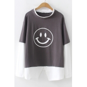 Cartoon Smile Face Layered Patch Long Sleeve Round Neck Colorblock Loose Fit T-Shirt