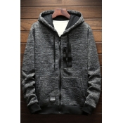 Men's Fashion Patched Front Long Sleeve Contrast Trim Regular Fitted Zip Up Drawstring Hoodie