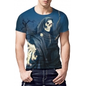 New Stylish 3D Skull Man Printed Short Sleeve Blue Slim Fit T-Shirt