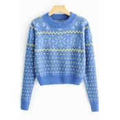 Blue Round Neck Long Sleeve Snowflake Jacquard Loose Cropped Sweater