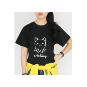 Funny Cartoon Cat Letter Printed Short Sleeve Round Neck Tee
