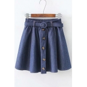 Elastic Waist Belted Waist Fashion Button Front Plain Mini A-Line Denim Skirt