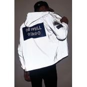Gray Letter BE WELL BINGO Printed Long Sleeve Zip Closure Reflective Hooded Trench Coat for Couple