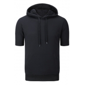 Men's Sports Bodybuilding Basketball Short Sleeve Solid Casual Fitted Drawstring Hoodie