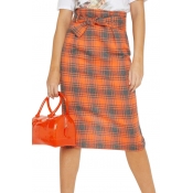 Classic Orange Plaid Printed Bow-Tied Waist Split Back Midi Shift Skirt for Women