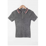 Trendy Contrast Striped Collar Half-Zip Short Sleeve Slim Fitted Knit Polo T-Shirt