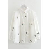 Girls Cute Cactus Printed Lapel Collar Long Sleeve Button Down White Shirt