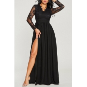 V Neck Sheer Long Sleeve Sexy Split Front Lace Patch Maxi A-Line Dress