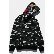 Unique Letter Embroidered Shark Mouth Print Long Sleeve Kangaroo Pocket Full Zip Camouflage Black Hoodie
