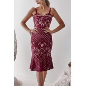 Women's Fashion Ruffled Hem Midi Bodycon Lace Cami Dress
