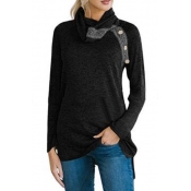Tribal Print Button Embellished Cowl Neck Long Sleeve Loose Fitted T-Shirt