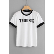 Chic Simple Short Sleeve Round Neck Letter TROUBLE Printed Fitted Top