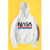 Stylish Blue and Red Striped NASA Logo Print Loose Fitted Pullover Drawstring Hoodie