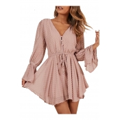 Women's Chic V-Neck Button Front Drawstring Elastic Waist Flared Cuff Chiffon Rompers