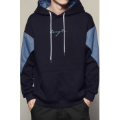 Boys Cool Letter Signature Print Colorblock Denim Patched Long Sleeve Loose Fitted Pullover Hoodie