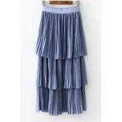 Elastic Waist Basic Simple Plain Midi Chiffon Layered Cake Pleated Skirt