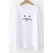 Cute Cartoon Cat Letter SHEDB Embroidered Round Neck Long Sleeve White Loose T-Shirt